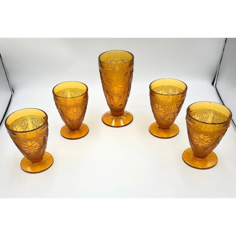 Indiana Sandwich Glass Tiara Amber 5pc Set - Tumbler Drinking Glasses